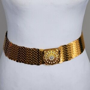 Vintage 80s Expandable Scale Cinch Womens Belt‎ + Buckle Gold Tone XS 25" 1980s